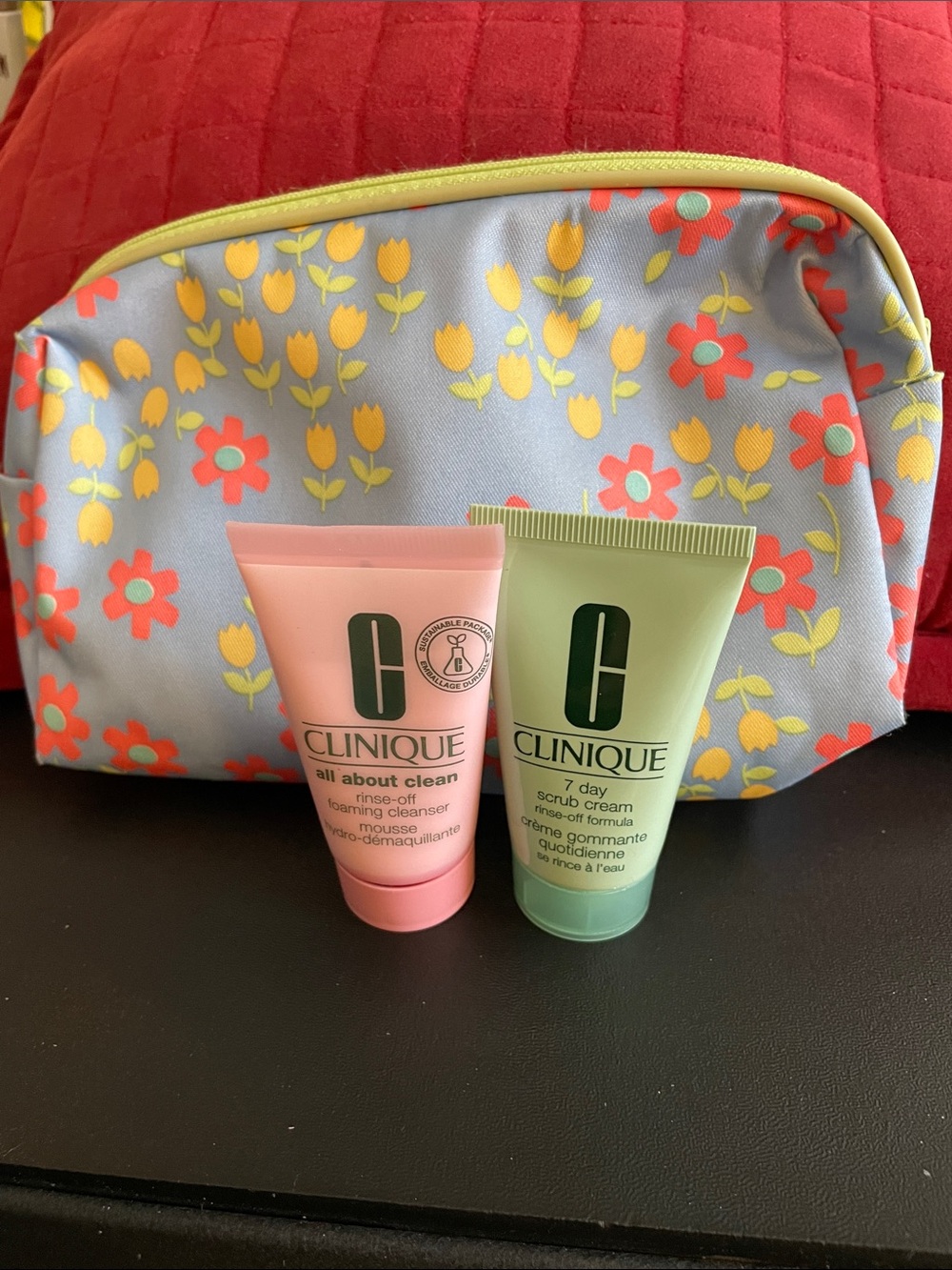 Clinique Foaming Cleanser, Scrub Cream, Facial Soap & Floral Cosmetic Bag NEW